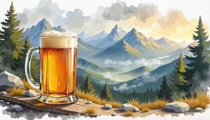 Majestic beer mug blending with nature in mountain retreat, harmony, Oktoberfest,watercolor style