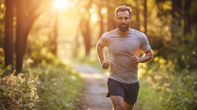 man jogging on forest trail at sunset
