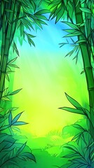 Bamboo Forest Sun shining through green stalks and leaves in jungle clearing, scenic lush vista