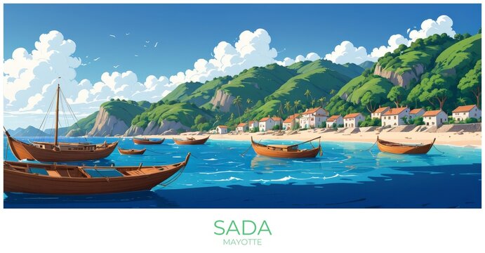 Sada Mayotte Travel Poster Flat Illustration Print Decor Gift Canvas Wall Art