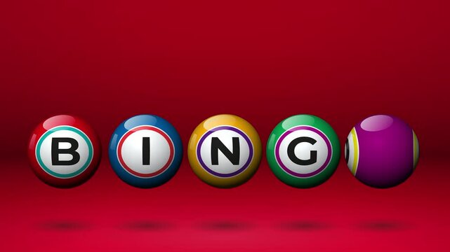 Colorful bingo rotating balls spelling out bingo on a red background