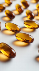 Vitality in Amber: a mesmerizing close-up showcases amber capsules, elegantly dispersed, hinting at health and wellness, inviting viewers to contemplate the essence of vitality. 
