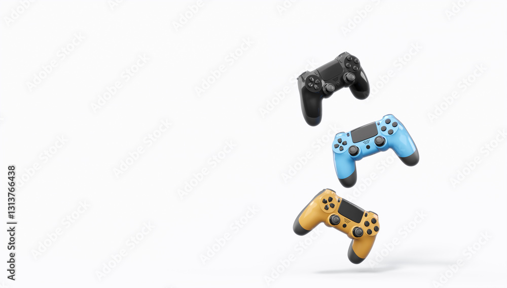 Poster realistic colorful video game joysticks or gamepads with color buttons on white