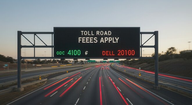 Toll Road Fees Apply Sign on Busy Highway at Sunset