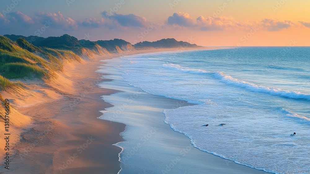 Aufkleber a high angle view of a pristine beach at dawn with gentle waves and seagulls