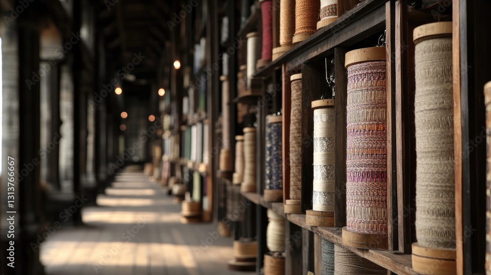 Aufkleber rows of colorful spools of thread in an artisan workshop