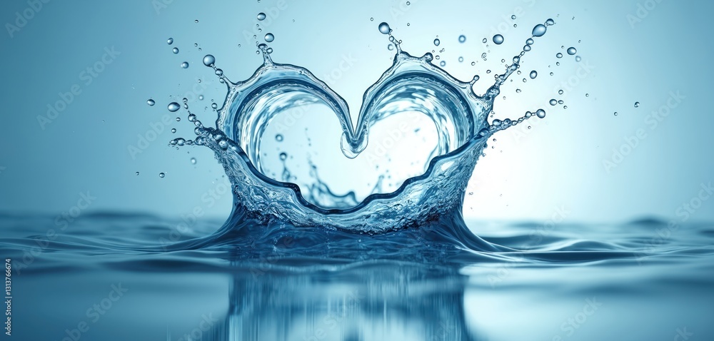 Poster Fresh water splash forms heart shape against light blue backdrop. Dynamic sparkling liquid with clear droplets purity, romance. Vibrant, calm image evokes refreshment, hydration, love for Valentine