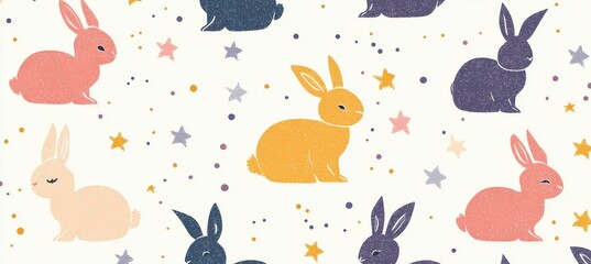 Obraz premium Seamless Pattern of Colorful Rabbits with Stars and Dotted Accents