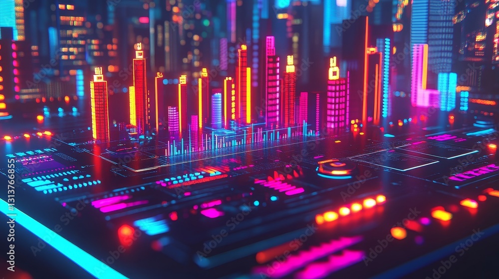 Poster futuristic metropolis with neon lights showcasing urban landscape and modern architecture creating v