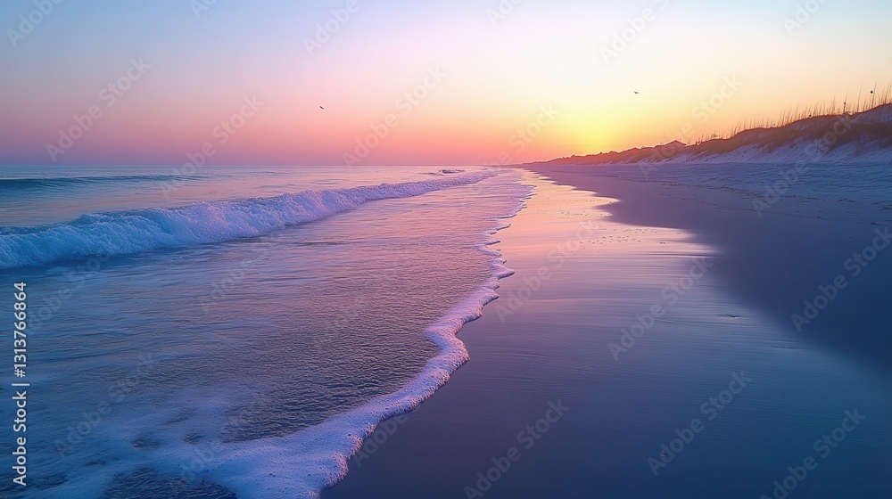 Poster a high angle view of a pristine beach at dawn with gentle waves and seagulls