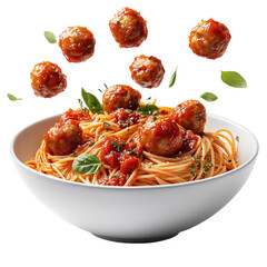 A Bowl of Spaghetti with Marinara Sauce and Meatballs Isolated on Transparent Background