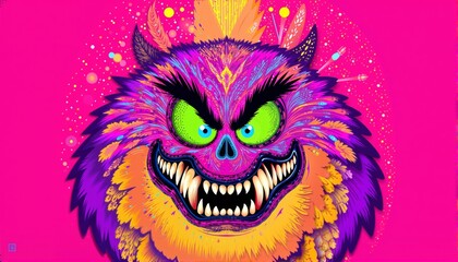 Vibrant monster art with fierce expression on pink background