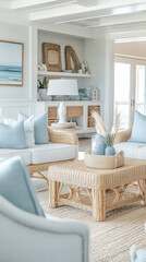 Coastal Living Room: Serene coastal living room design featuring rattan furniture, light blue cushions, and a calm atmosphere.