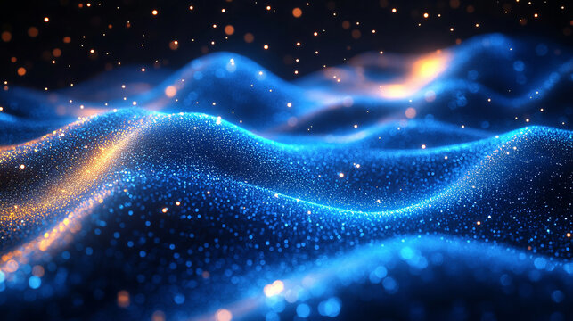 Abstract background of blue glowing binary code and data flow in virtual space, digital technology concept.