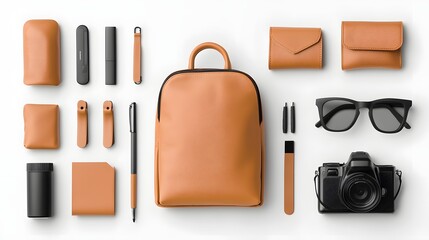 Tan Leather Goods and Accessories Flatlay on White