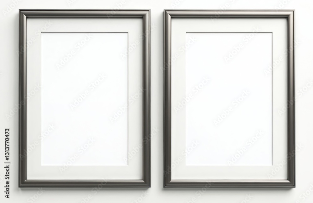 Poster Two empty silver frames mockup on white wall. Template for picture, poster photo in gallery. Modern interior design blank canvas. Rectangular framework with texture for exhibition. Showcase artwork.