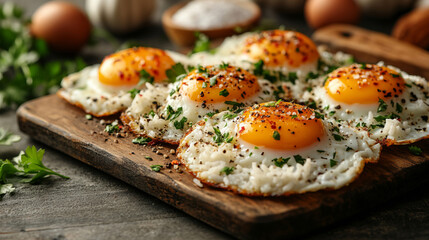 A sizzling pan of fried eggs and rice showcases the rich texture and warmth of freshly cooked food, highlighting culinary simplicity and everyday comfort meals.