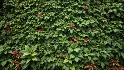 Lush green wall of various plants, vibrant foliage, indoor plants,vibrant,vines