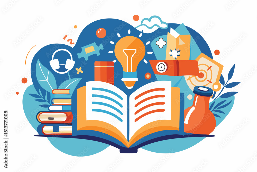 Aufkleber Colorful vector illustration of an open book with various creative elements surrounding it, symbolizing learning and imagination in a vibrant setting