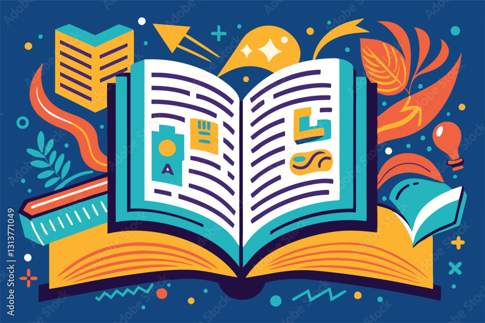 Aufkleber Colorful vector illustration of an open book with various creative elements surrounding it, symbolizing learning and imagination in a vibrant setting