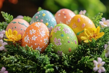 Bunch of colorfully painted Easter eggs with various designs on a greenery base, ready for Easter celebrations. Symbol of spring and joy.