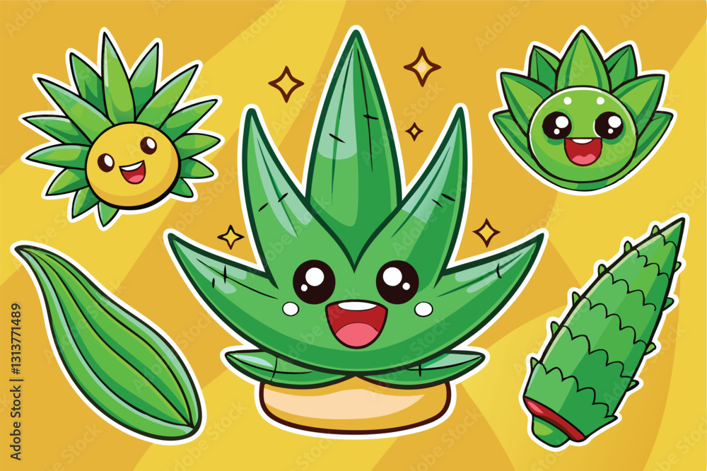 Poster cute vector illustration of joyful cacti and succulents with bright colors on a cheerful yellow back