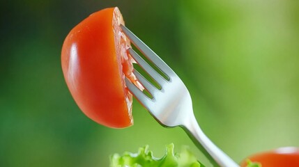 Fork piercing a juicy red tomato slice with fresh green salad in background