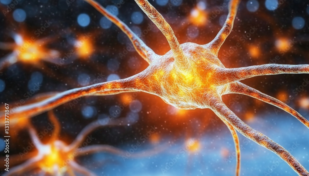Poster artistic neural network render illuminating neurons firing, synapses connecting in the brain