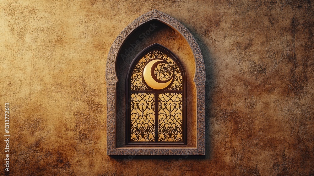 Poster a window with a crescent moon in the middle. the window is ornate and the moon is lit up