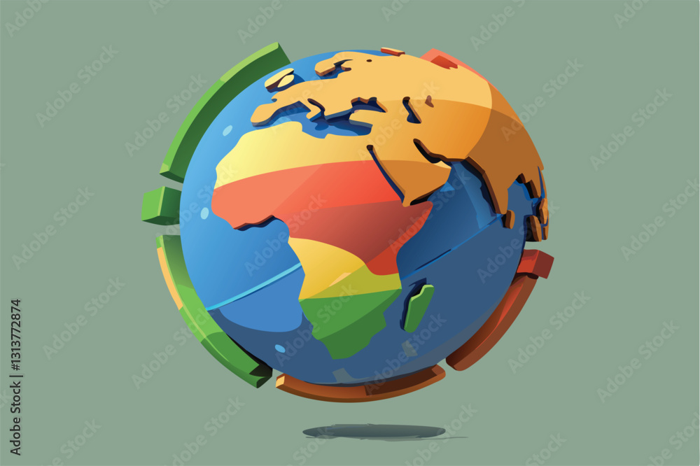 Poster colorful vector illustration of a globe showcasing continents with bright colors and 3d geometric sh