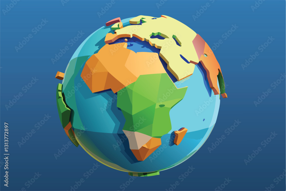 Poster colorful vector illustration of a globe showcasing continents with bright colors and 3d geometric sh