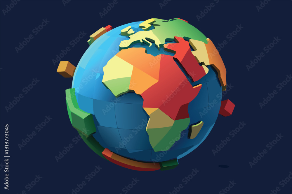 Poster colorful vector illustration of a globe showcasing continents with bright colors and 3d geometric sh