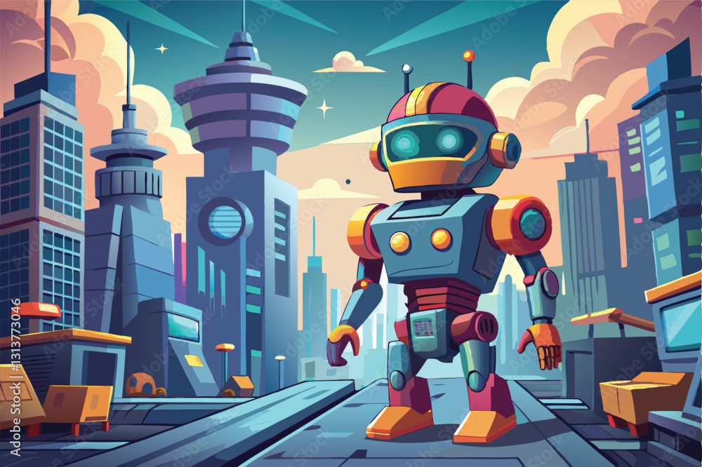 Aufkleber futuristic cityscape featuring a friendly robot standing on a vibrant walkway surrounded by tall bui