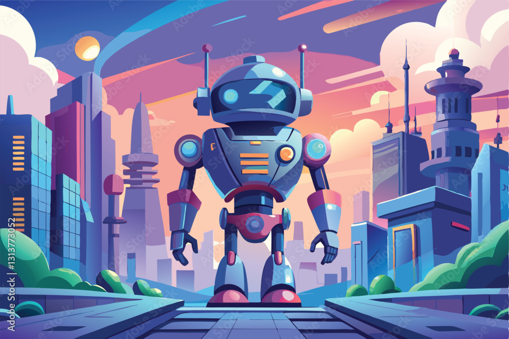 Aufkleber futuristic cityscape featuring a friendly robot standing on a vibrant walkway surrounded by tall bui