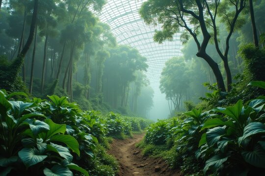 Lush green pathway in a misty forest setting