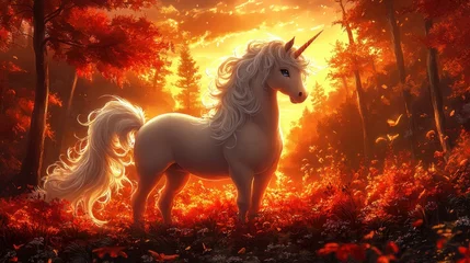 a unicorn stands in front of a forest at sunset scene illustration