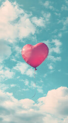 Obraz premium Floating Heart Balloon: A vibrant, heart-shaped balloon floats gracefully against a backdrop of a bright sky filled with puffy clouds, evoking feelings of love, joy, and freedom.