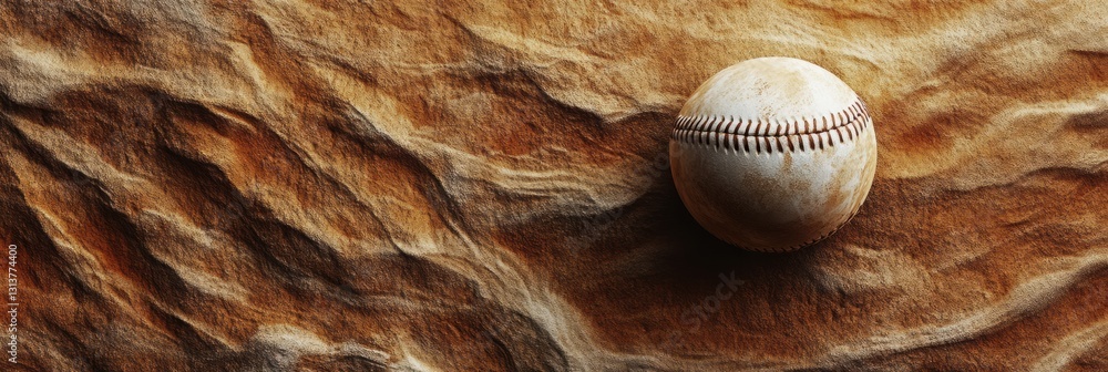 Poster baseball resting on sandy field with unique textures for creative messaging space above generative a