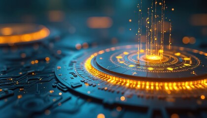 Bright futuristic tech background with orange glow and blue. Digital interface elements, lines, microchips. Tech concept visualization for crypto, blockchain, AI, big data projects, sci-fi.