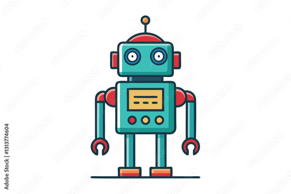 Poster Colorful vector illustration of a vintage robot character with a friendly expression and mechanical features standing on a plain background