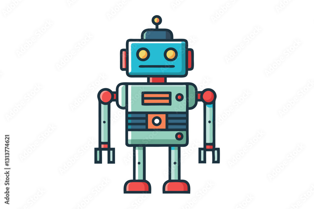 Poster colorful vector illustration of a vintage robot character with a friendly expression and mechanical 