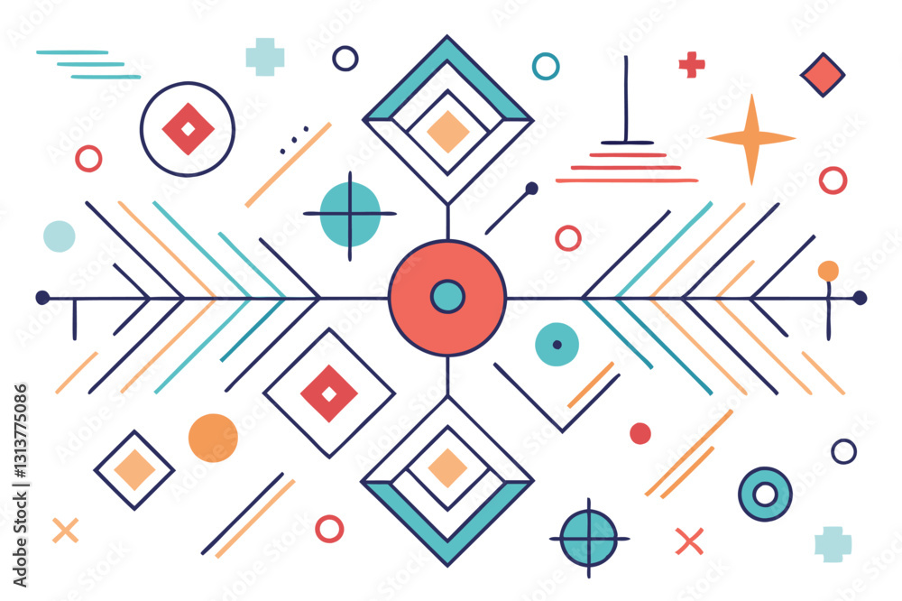 Poster Vector illustration of abstract geometric shapes featuring circles, lines, and triangles in various colors and arrangements designed for digital backgrounds or art projects