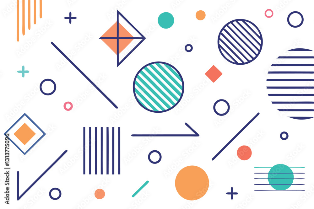 Poster Vector illustration of abstract geometric shapes featuring circles, lines, and triangles in various colors and arrangements designed for digital backgrounds or art projects