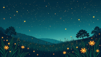 Fototapeta premium Glowing Fireflies in Summer Night - A seamless pattern of fireflies illuminating a warm summer night.