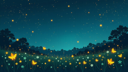 Fototapeta premium Glowing Fireflies in Summer Night - A seamless pattern of fireflies illuminating a warm summer night.