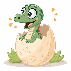 Fototapeta premium A cute cartoon baby dinosaur, hatching from an egg, surrounded by nature and wildlife characters such as dinosaurs, dragons, funny, and colorful Sticker illustration.