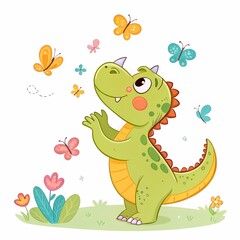 Funny cartoon dinosaur character smiling and playing with butterfly.