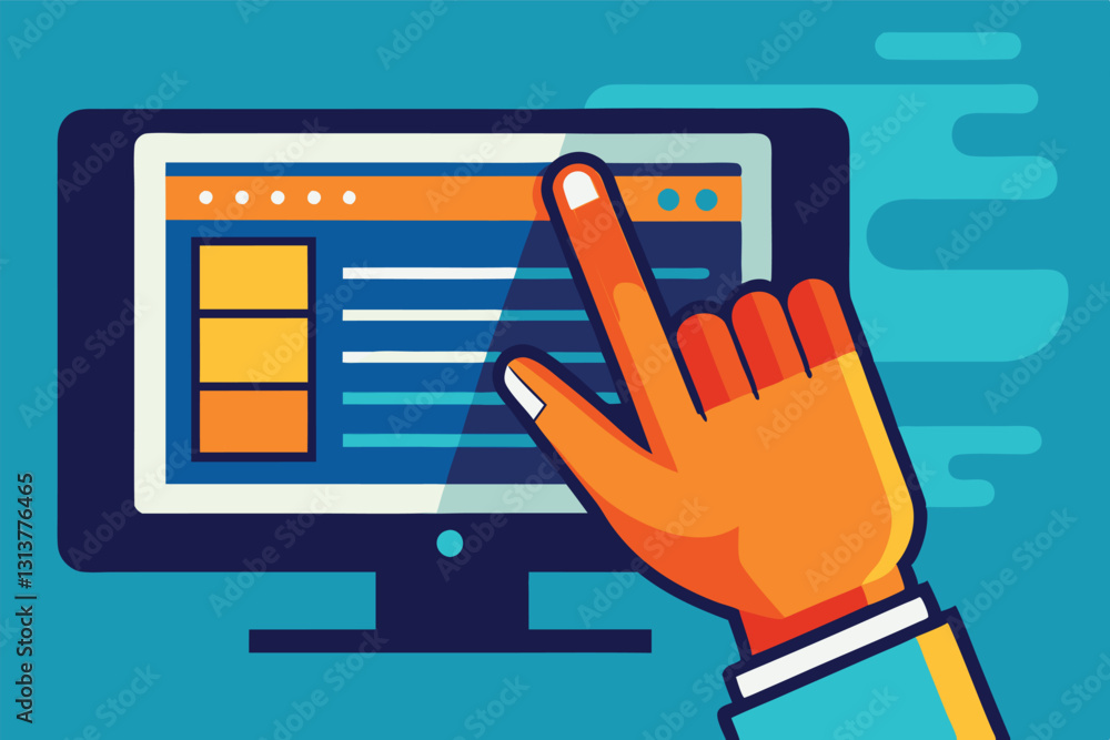 Poster illustration of a hand interacting with a computer screen displaying task completion and information