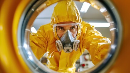A person in a yellow protective suit and gas mask is seen through a circular opening, emphasizing safety and precaution in hazardous environments.