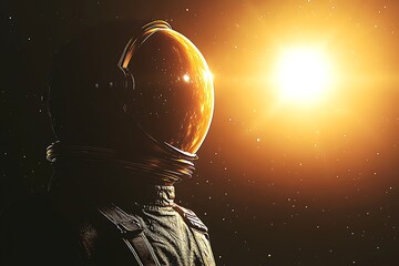 Astronaut looks towards star in space; exploration concept, cosmos & galaxy background